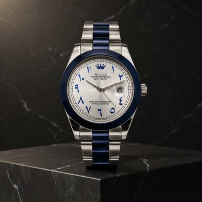 Premium Luxury Arabic Dial Watch | Elegant Stainless‑Steel Strap With Blue Accents & Date Display