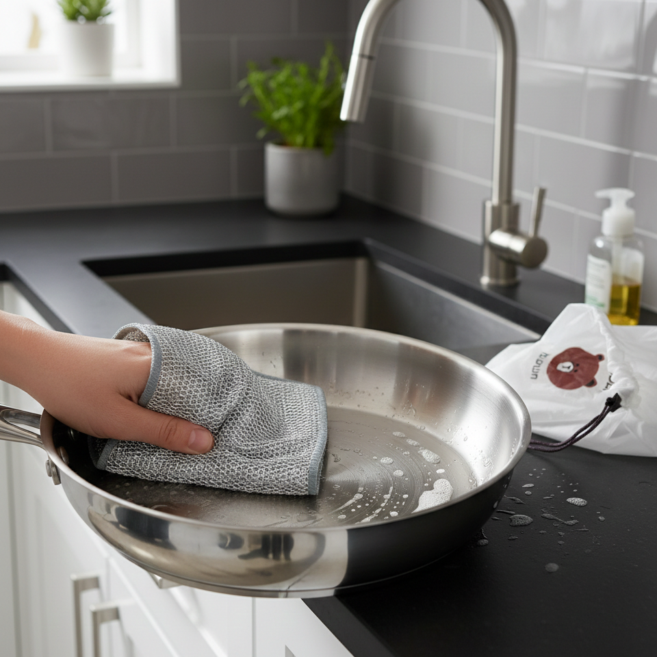 Combo Deal – 2 Pcs Metal Wire Cleaning Cloths with 1 Bear Design Food Cover Packet – Kitchen Cleaning & Food Protection Set