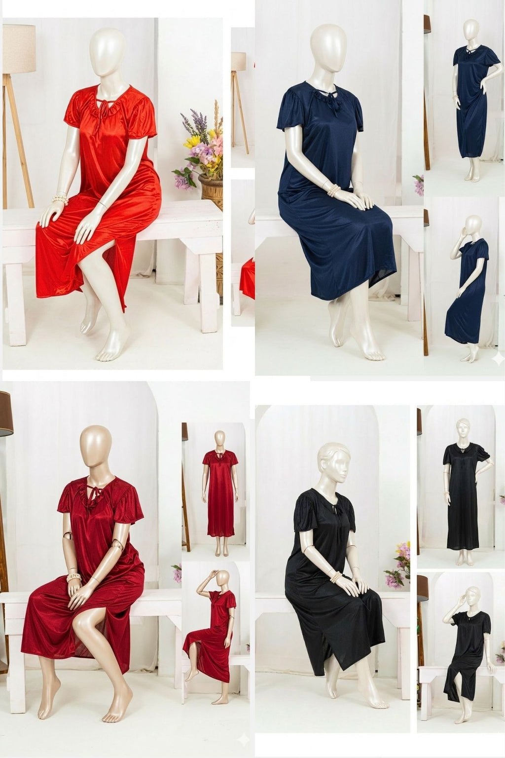 1 Pc Silk Satin Bow Tie Maxi Night Dress – Elegant Short Sleeve Women Nighty Free Size SKU-R130