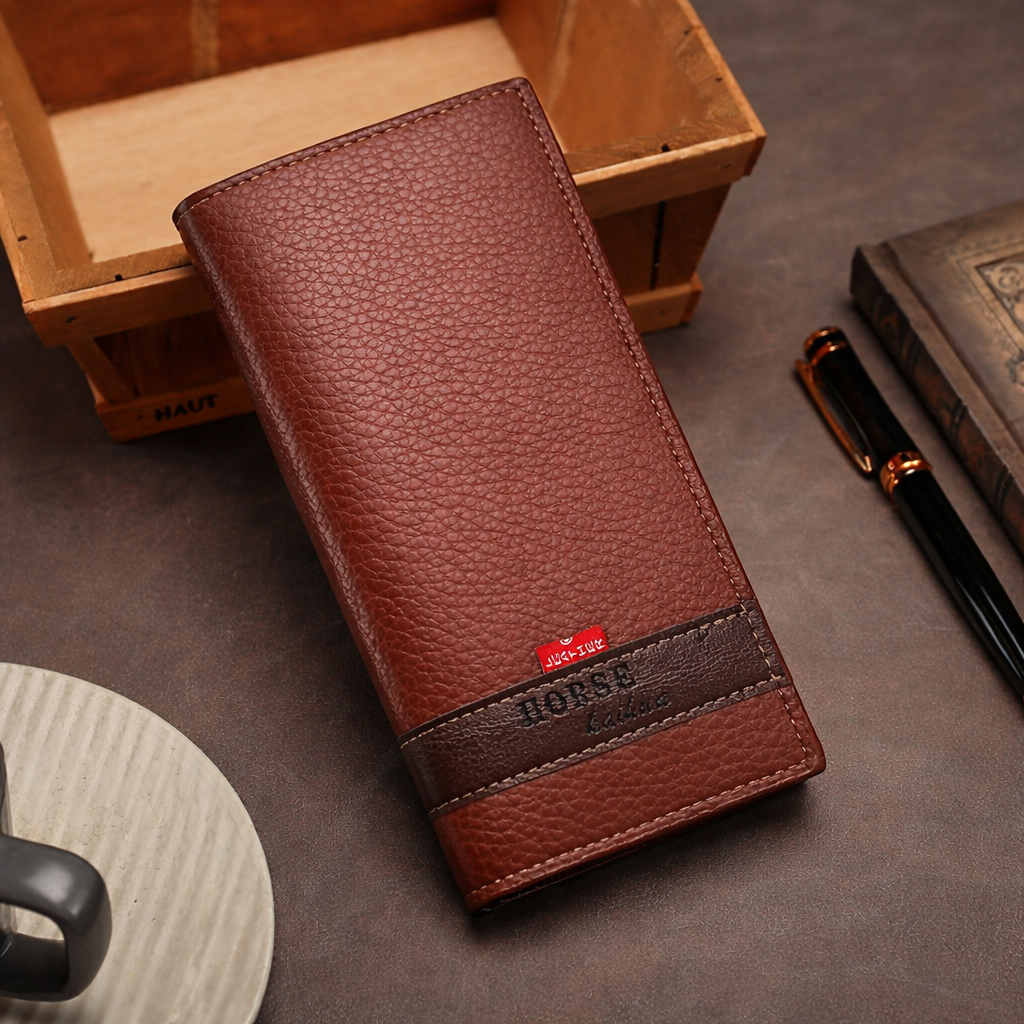 Long Wallet Purse – Contrast Band Design with Card Slots & Zipper Pocket