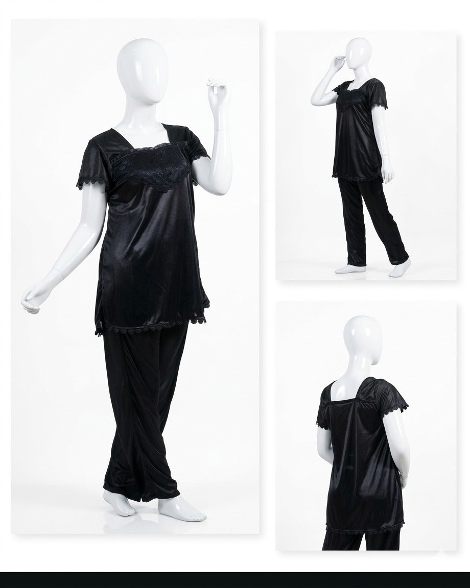 2 Pcs Premium Silk Lace Women's Sleepwear Set T-Shirt & Trouser Nightwear (Free Size)