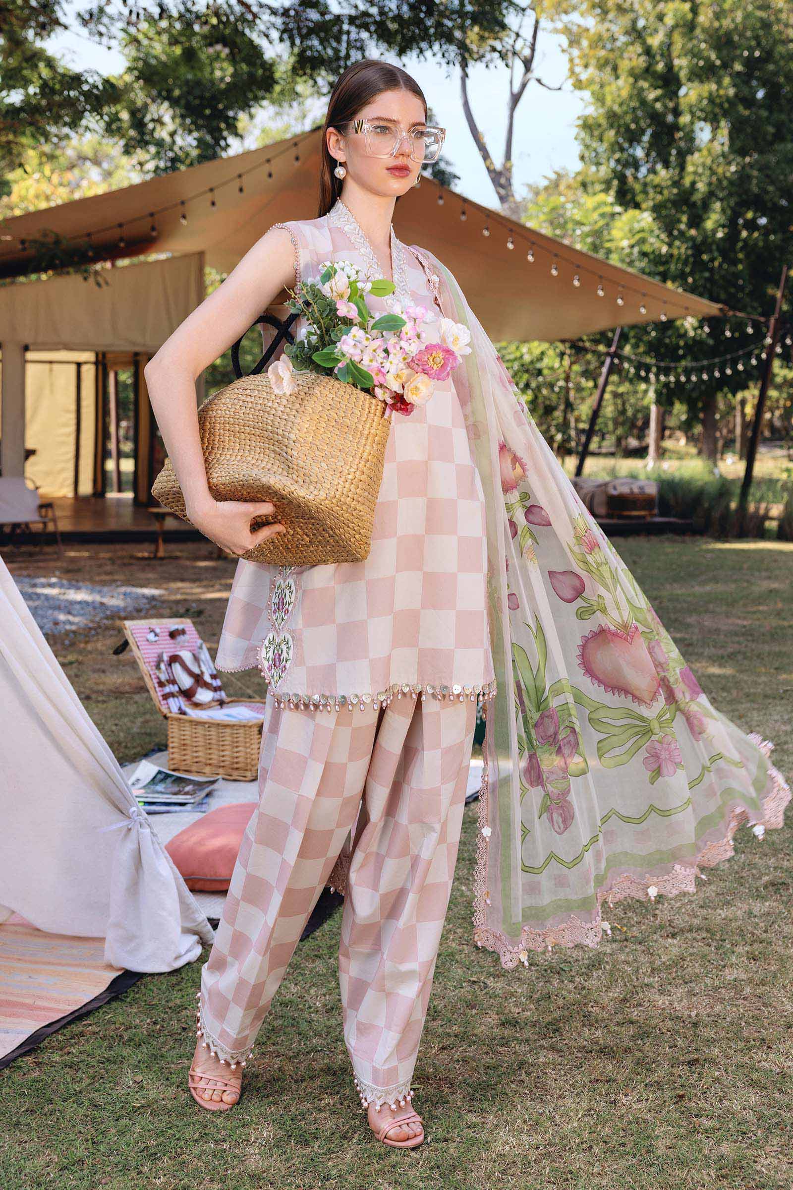 Luxury All-Over Checkerboard Print Embroidered Lawn 3Pc Unstitched Suit with Chiffon Dupatta – EID & Party Wear
