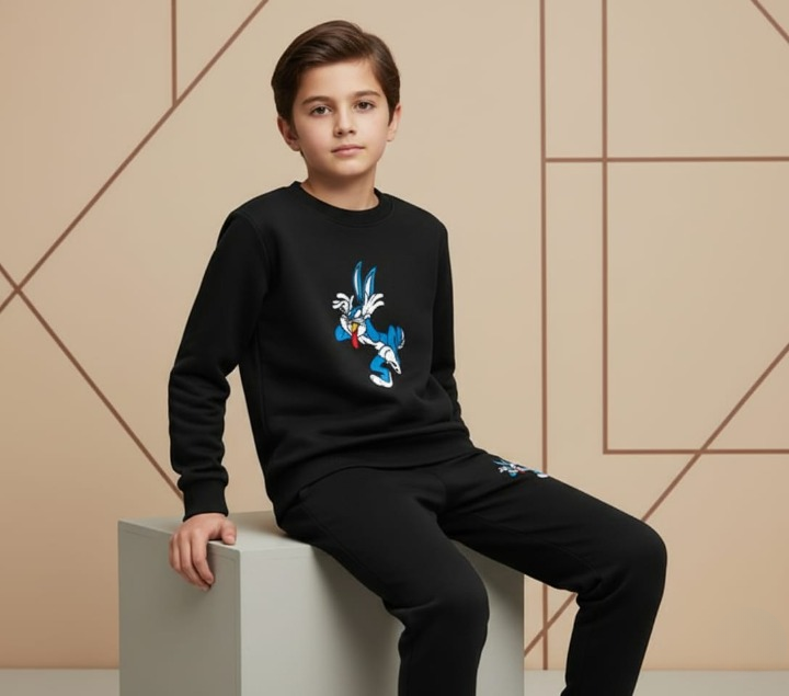 Black Bunny Printed Kids Tracksuit | Winter Fleece Sweatshirt & Trouser Set for Boys & Girls – Warm & Comfy Outfit FOR BABY AND KIDS