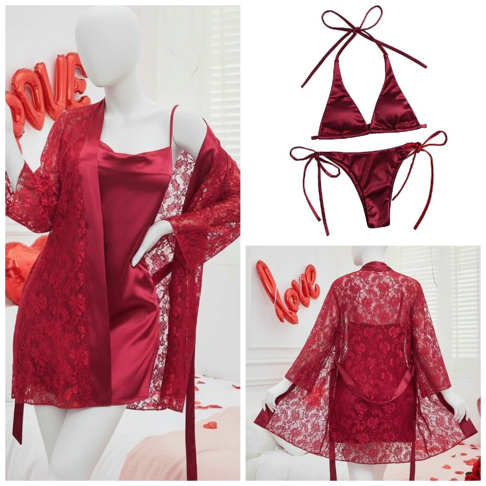 4 Piece Women’s Transparent Net Gown Set – Soft Lace Robe with Silk Inner, Bra & Panty | Free Size - Up to 38 Chest (DC-4052)