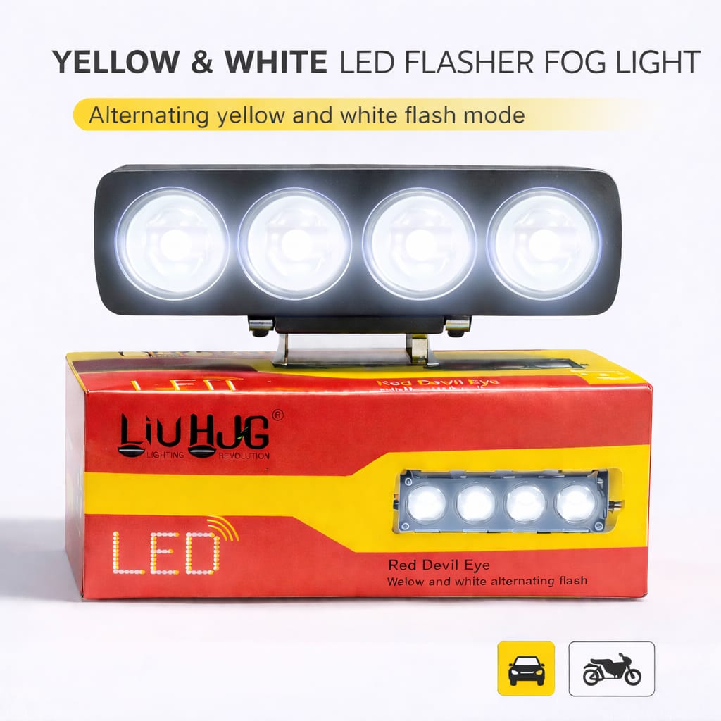 4 Lens Flasher Fog Light 40W – Dual Color White & Yellow LED Strobe Light for Bike & Car (DC 9V–80V)