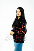 Winter Collection Women’s Red & Green Lining Print Jacket | Stylish & Warm Outerwear | Trendy Winter Fashion for Ladies
