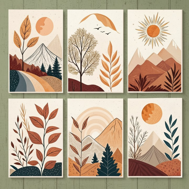 Hills Moon Sun Leaves Wooden Wall Art – 6 Piece Decorative Frame Set Made With Wooden Stickytile, Size 8x11 Inches Each, Easy To Mount With Double Tape