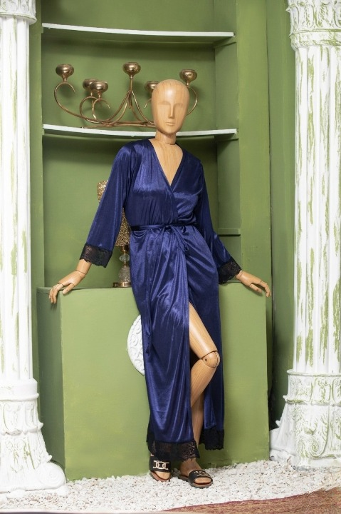 Elegant Luxury Silk Night Gown with Delicate Lace Trim - Comfortable Sleepwear for Women Free Size -  Sku : R-016