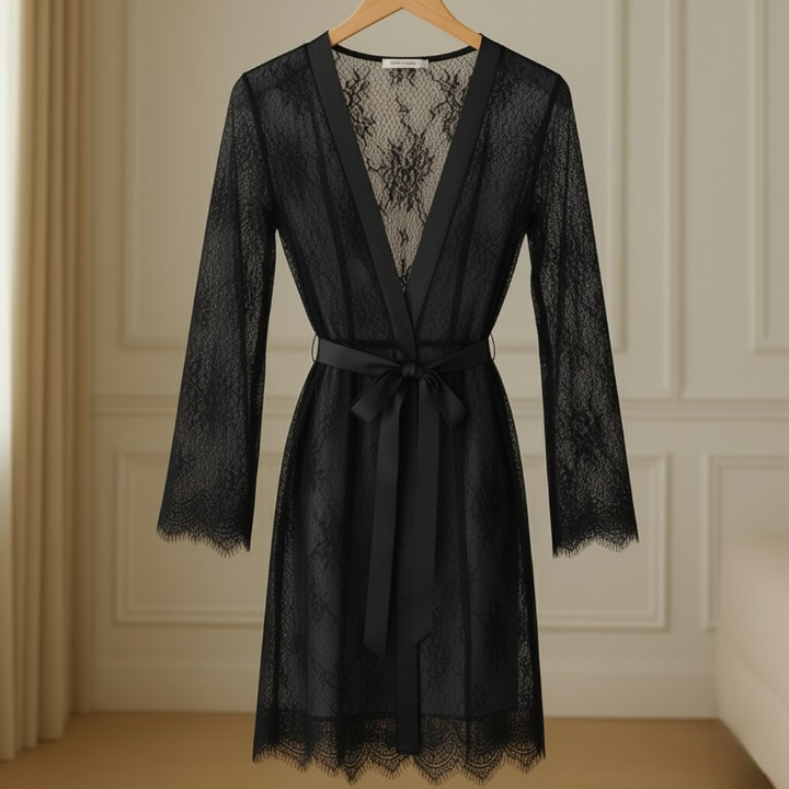 Single Pcs Women’s Net Transparent Sheer Lace Robe Gown – Long Sleeve Free-Size Nightwear With Satin Belt For Elegant And Stylish Comfort (DC-1051)