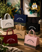 Stylish Canvas Tote Bags Collection Set Featuring Five Distinct Colors And Elegant Typography For Modern Fashion