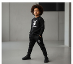 Kids PLAYBOY Printed Stylish Black & Black Tracksuit Set | Winter Fleece Sweatshirt & Trouser Outfit for Boys & Girls – Warm & Trendy FOR BABY AND KIDS