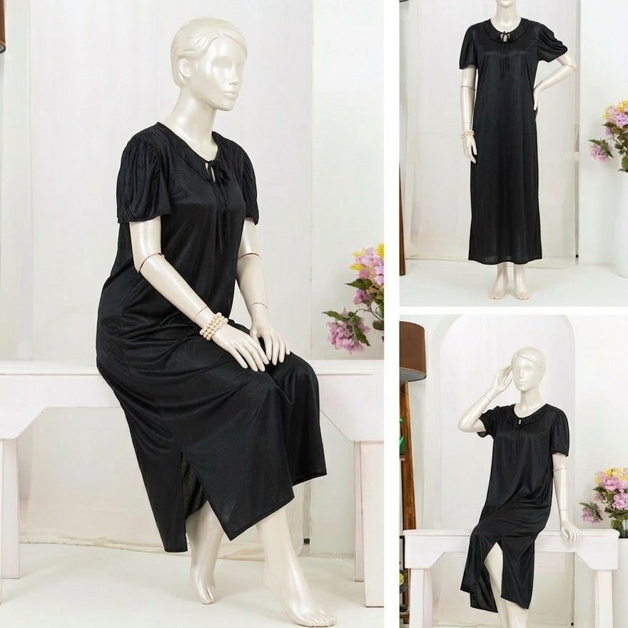 1 Pc Silk Satin Bow Tie Maxi Night Dress – Elegant Short Sleeve Women Nighty Free Size SKU-R130