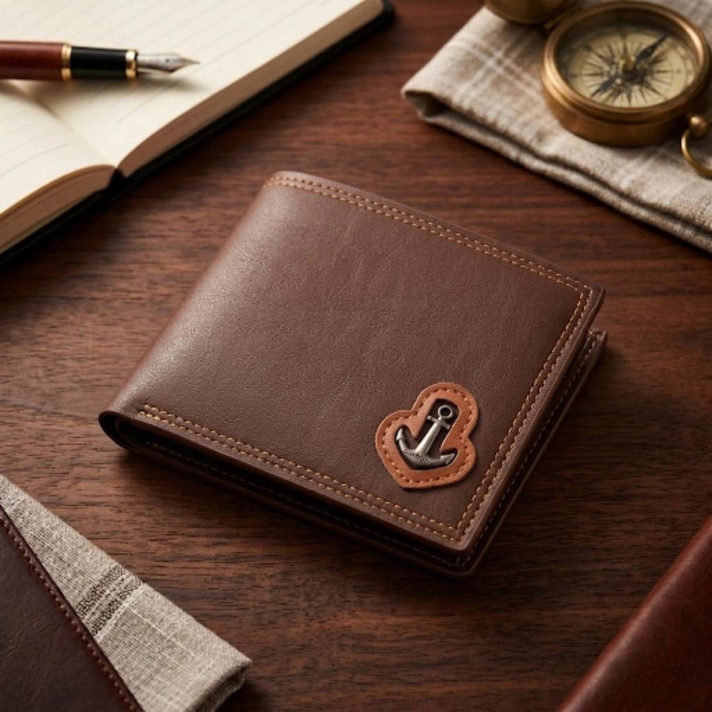 Anchor Emblem Bifold Leather Wallet with Box – Multi Card Slots, Cash Pocket & Zipper Pocket