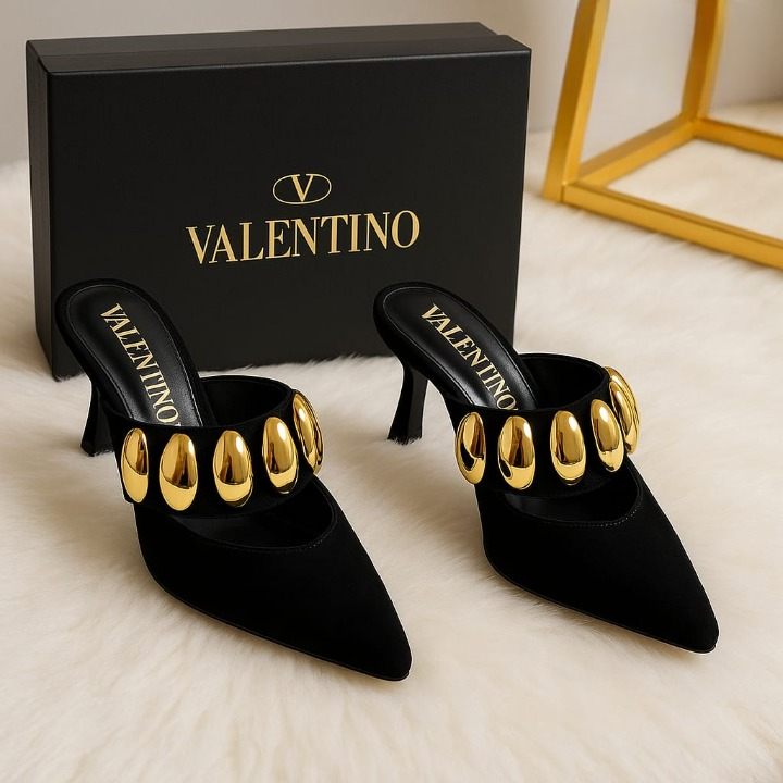 Valentino Garavani Royal VLogo 65 Leather Mules In Black Suede With Gold Tone
