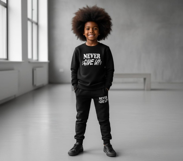 Kids “Never Give Up” Printed Black & Black Tracksuit Set | Winter Fleece Sweatshirt & Trouser Outfit for Boys & Girls – Warm & Motivational FOR BABY AND KIDS