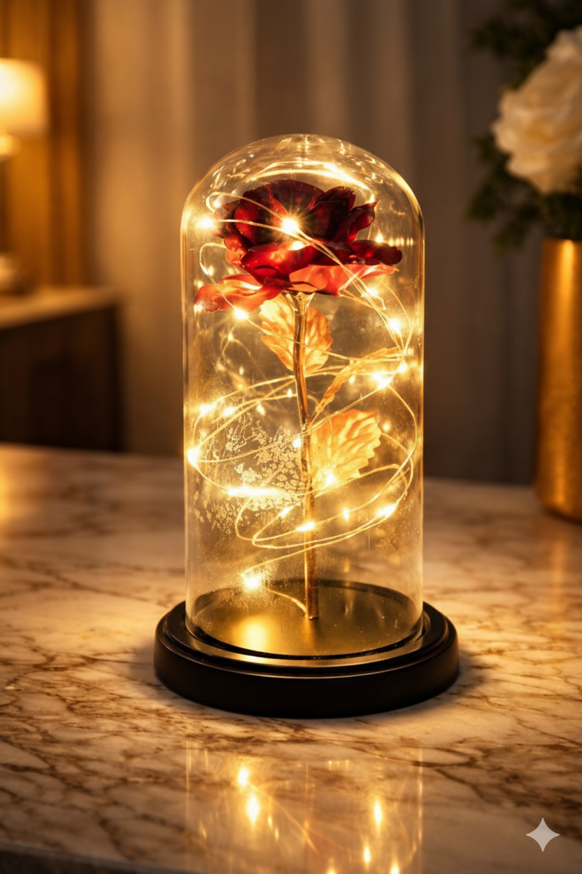 The Perfect Valentine’s Gift! Flower Rose LED light with Glass Dome Romantic, Perfect for Valentine's Day, Anniversary, Birthday, and Home Décor Random Design