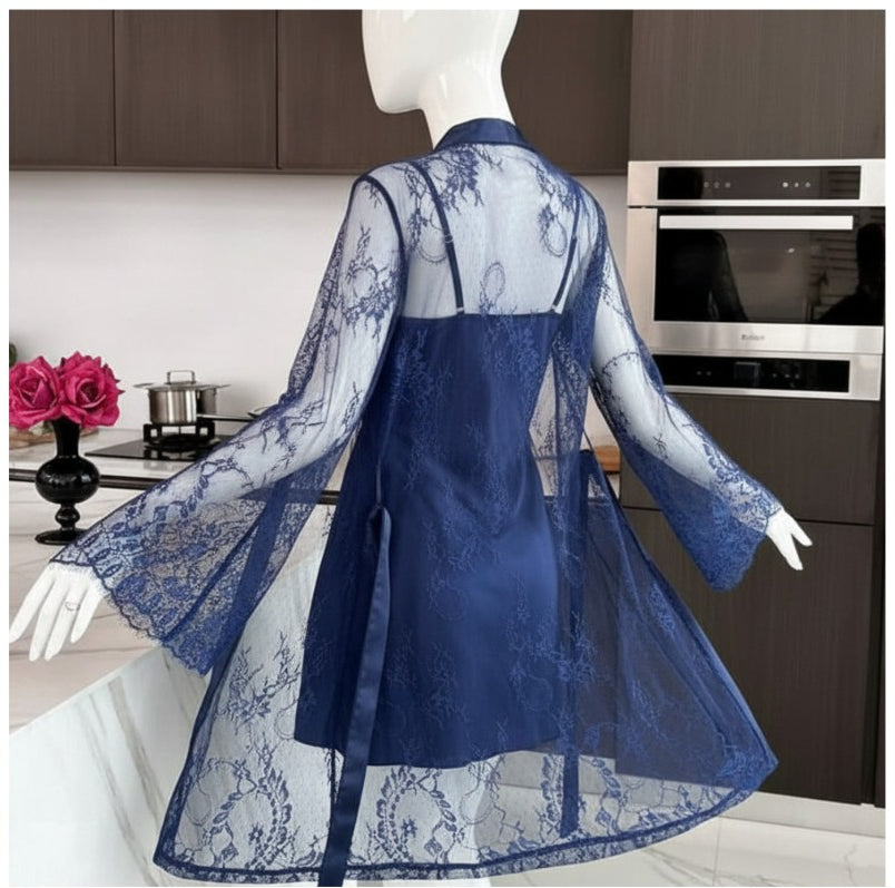 Soft Lace Robe & Silk Inner – 2 Piece Transparent Net Gown Set | Free Size (Fits Up to 38” Chest)