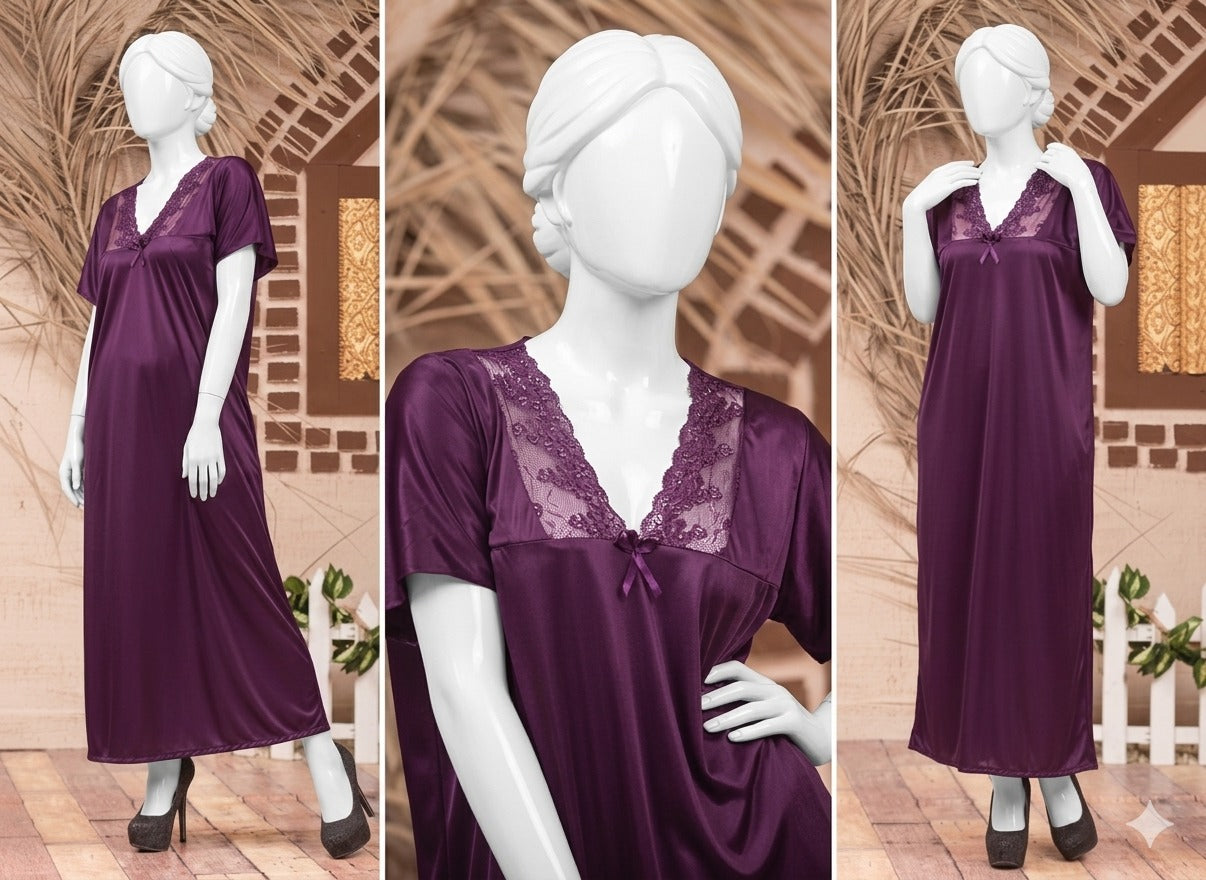 Single Pcs Stylish & Comfortable Long Silk Nightgown - Free Size (SKU R-002)