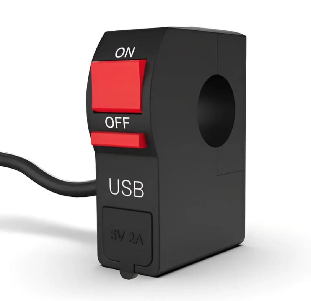 Universal Motorcycle Handlebar Switch with USB Port 5V 2A – ON/OFF Button & Extra Lights Control Switch for Bikes