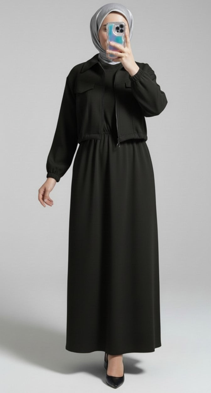 Stylish 2 Piece Set Long Frock Maxi Dress With Matching Zipper Jacket Premium Quality