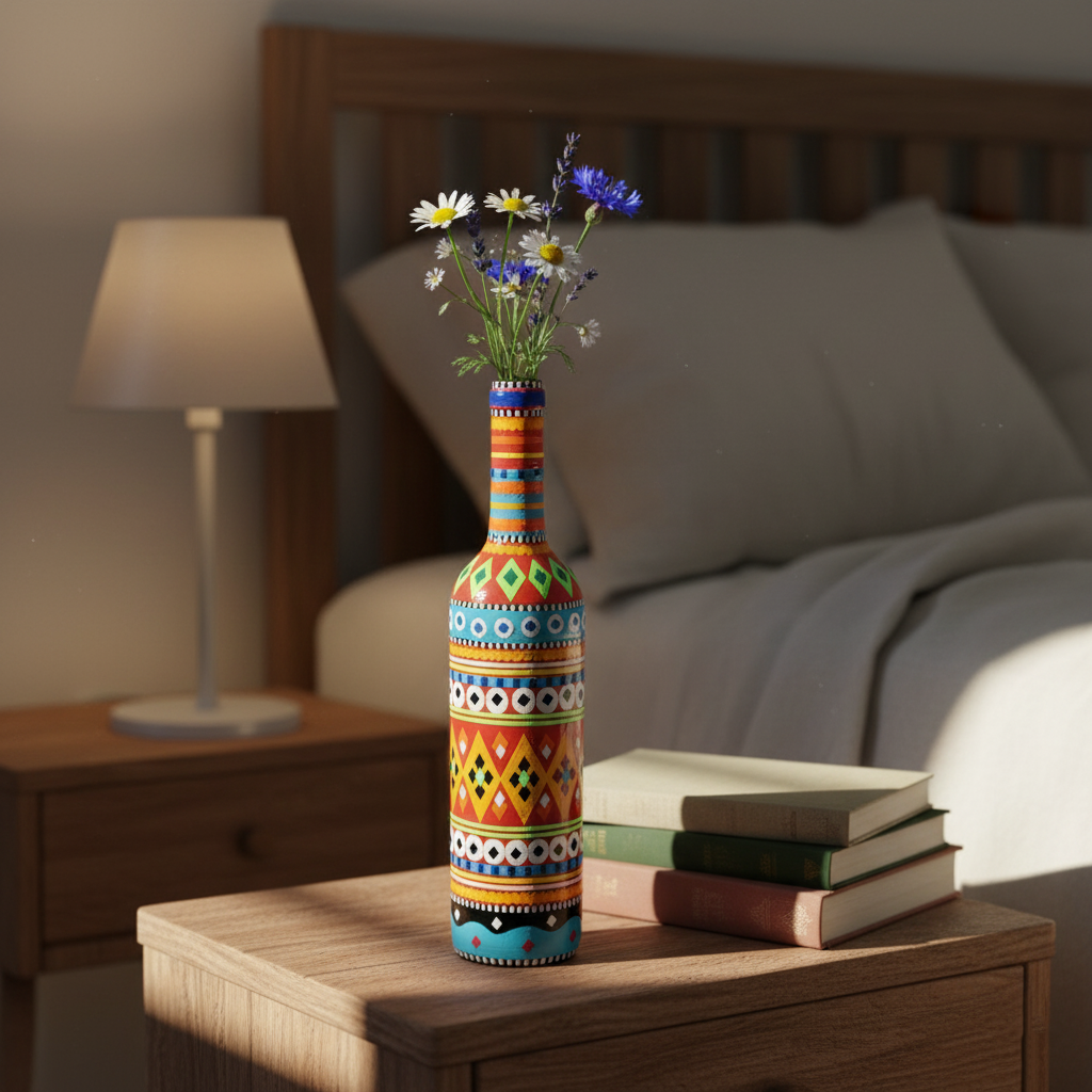 Traditional Truck Art Decorative Glass Bottle Vase – Handcrafted Multicolor Home Decor (750ml)