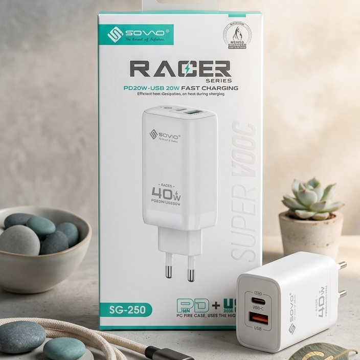 SOVO Racer Series SG-250 40W Dual Port Fast Charger | USB-A + USB-C PD Wall Adapter