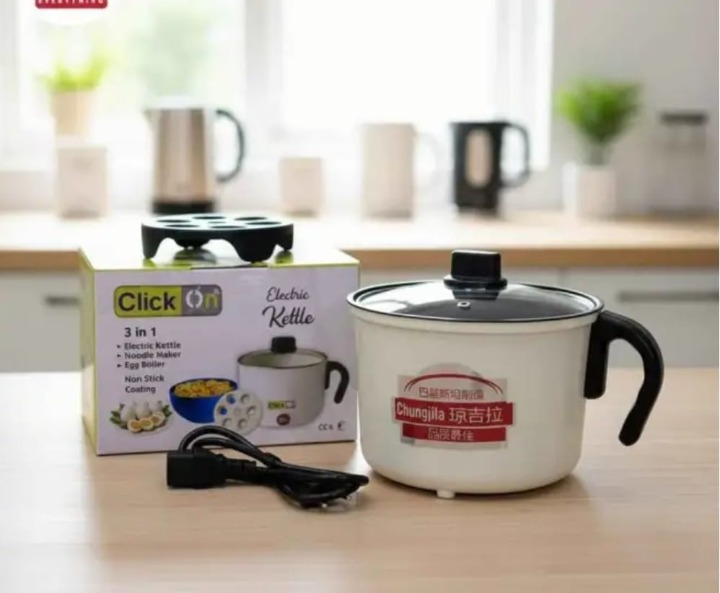 Click On 3-in-1 Multi-Functional Electric Kettle – Noodle Maker, Egg Boiler & Hot Pot with Non-Stick Coating