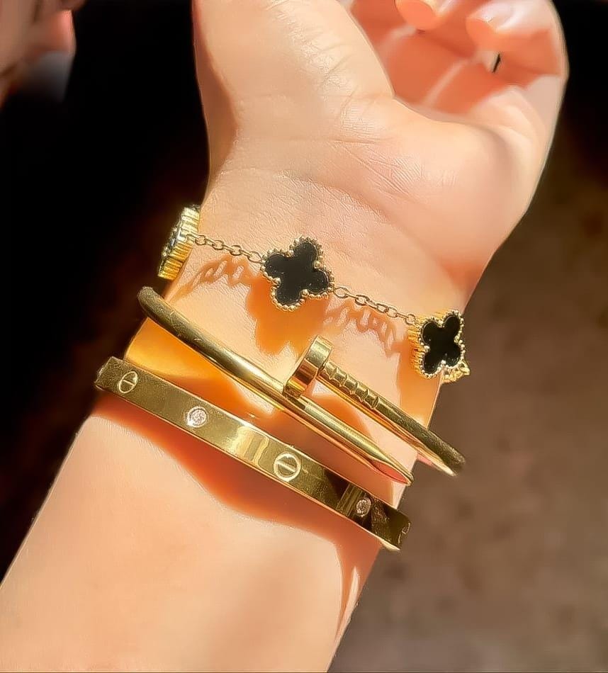3 PC Stainless Steel Bangle Set for Women: Elegant Gold-Tone Stackable Jewelry.