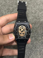 Skull Skeleton Matte Sport Watch – Luxury Metal Tonneau Style Wristwatch with Silicone Strap