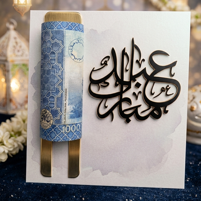 Premium Wooden & Acrylic Eidi Envelope – 4x4 Inch Reusable Eid Money Gift Card Holder with Elegant Festive Design