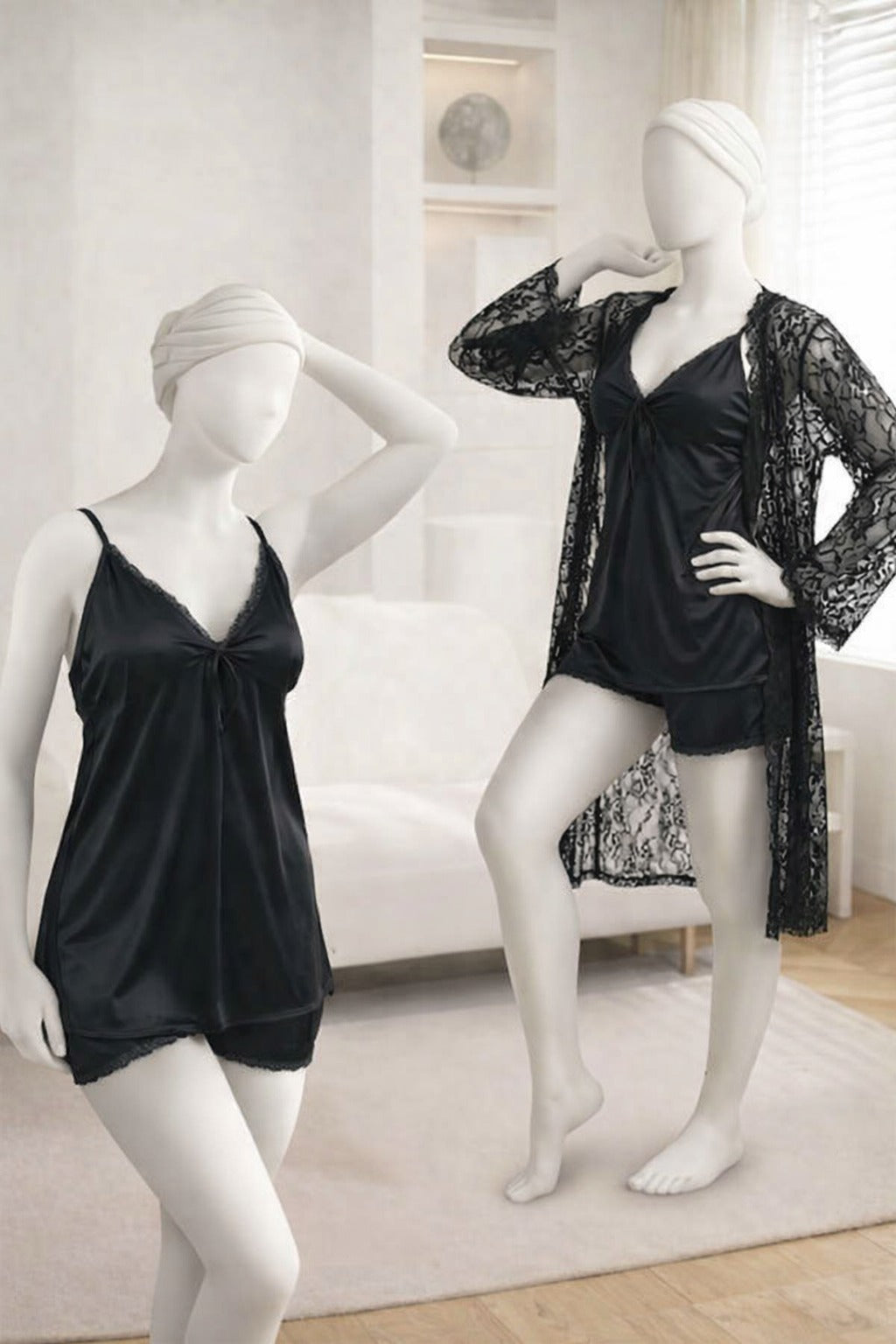 3-Piece Women's Sleepwear Set – Camisole, Shorts & Lace Gown Soft Satin Nightwear Free Size