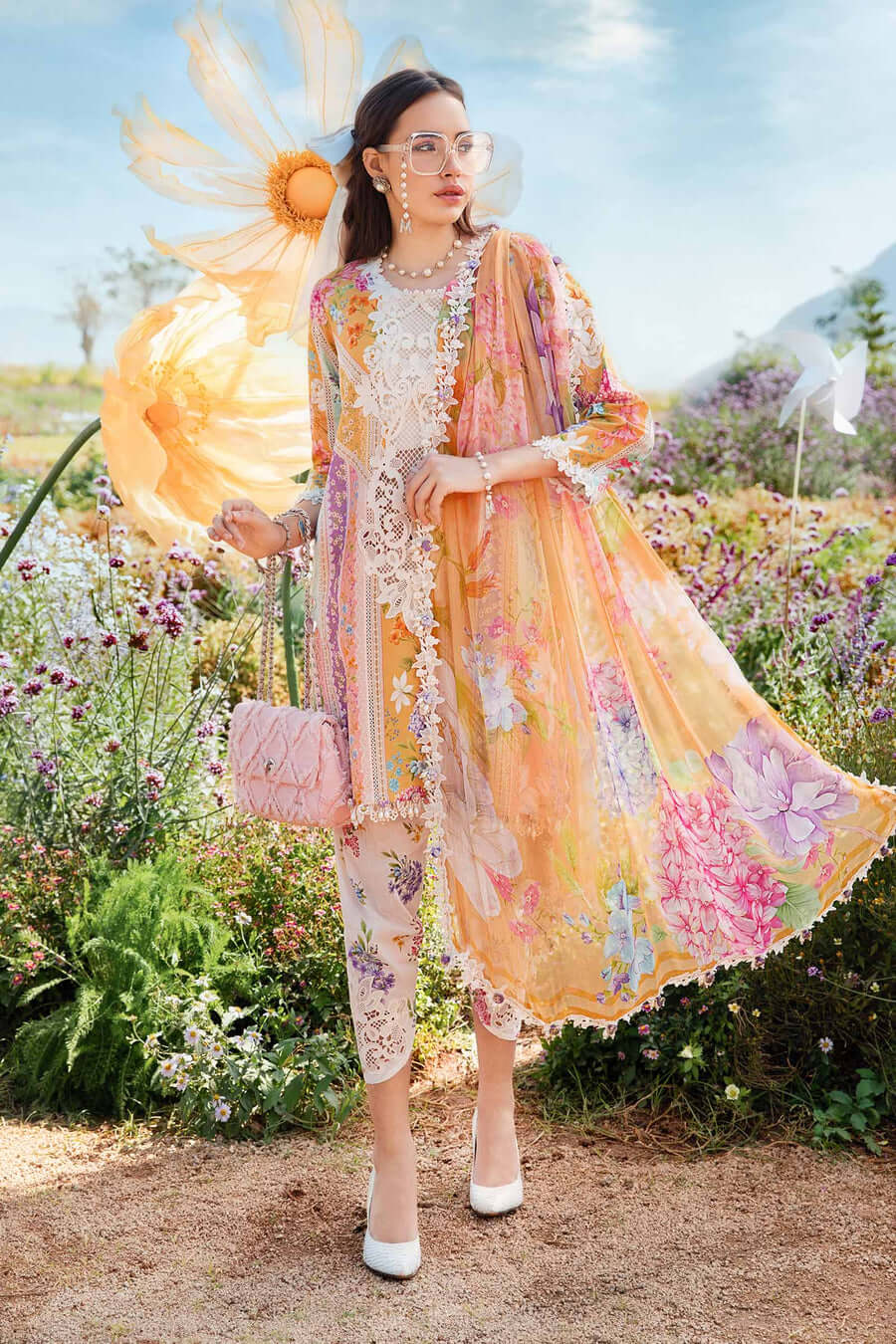 Luxury Multi Floral Embroidered Lawn 3 Piece Unstitched Suit with Chiffon Dupatta – Summer Collection