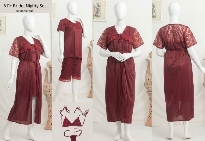 6 PCs Bridal Satin Nighty Set with Matching Thong & Bralette Free Size