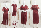 6 PCs Bridal Satin Nighty Set with Matching Thong & Bralette Free Size