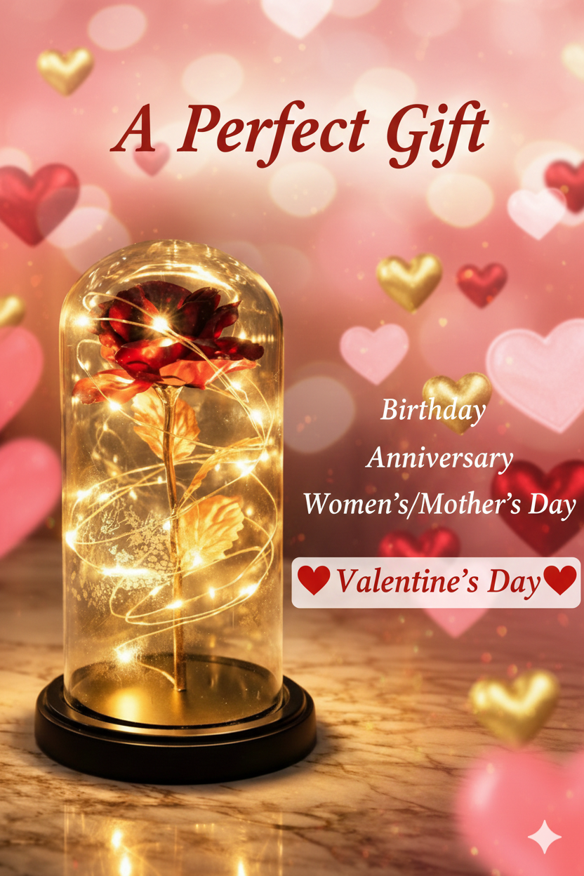The Perfect Valentine’s Gift! Flower Rose LED light with Glass Dome Romantic, Perfect for Valentine's Day, Anniversary, Birthday, and Home Décor Random Design