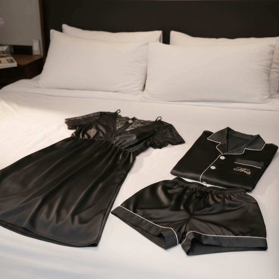 Couple Night Suit / Sleepwear Set – Stylish Nightdress & Pajama Shorts | SKU DC-C003 (3 Pcs)