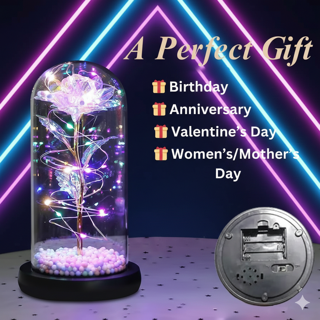 The Perfect Valentine’s Gift! Flower Rose LED light with Glass Dome Romantic, Perfect for Valentine's Day, Anniversary, Birthday, and Home Décor Random Design
