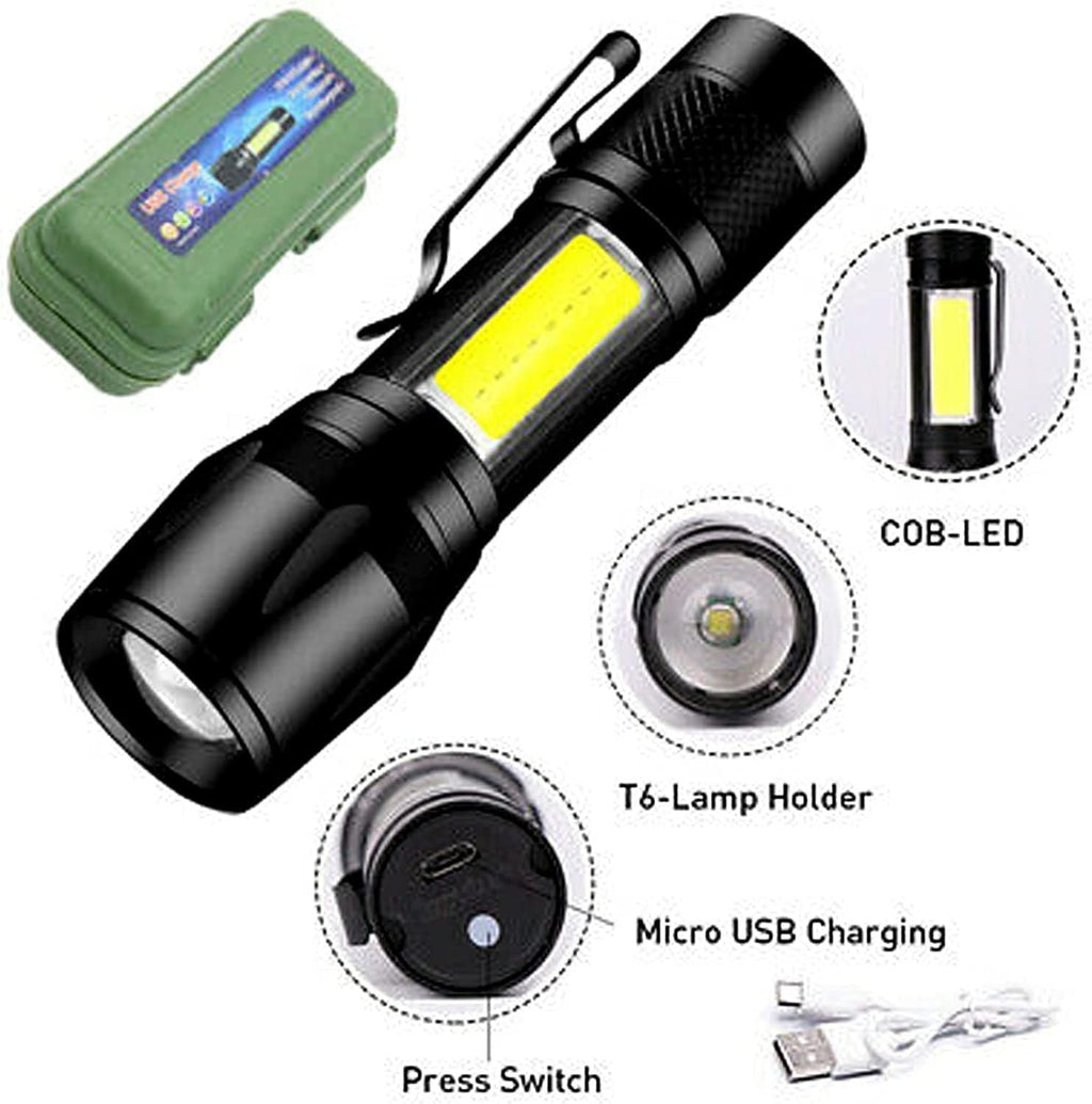 Mini Rechargeable LED Flashlight – Waterproof Torch with USB Fast Charging & Side Lamp (Metal Body)