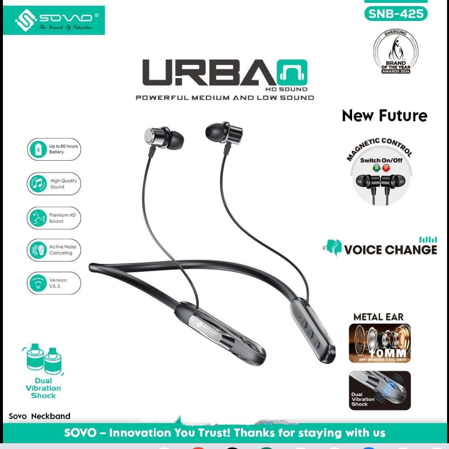 SOVO URBAN SNB-425 MAGNETIC TOUCH NECKBAND Sovo SNB-425 Neckband | HD Sound | 60H Battery | Magnetic Control | Voice Change | V5.3 Bluetooth