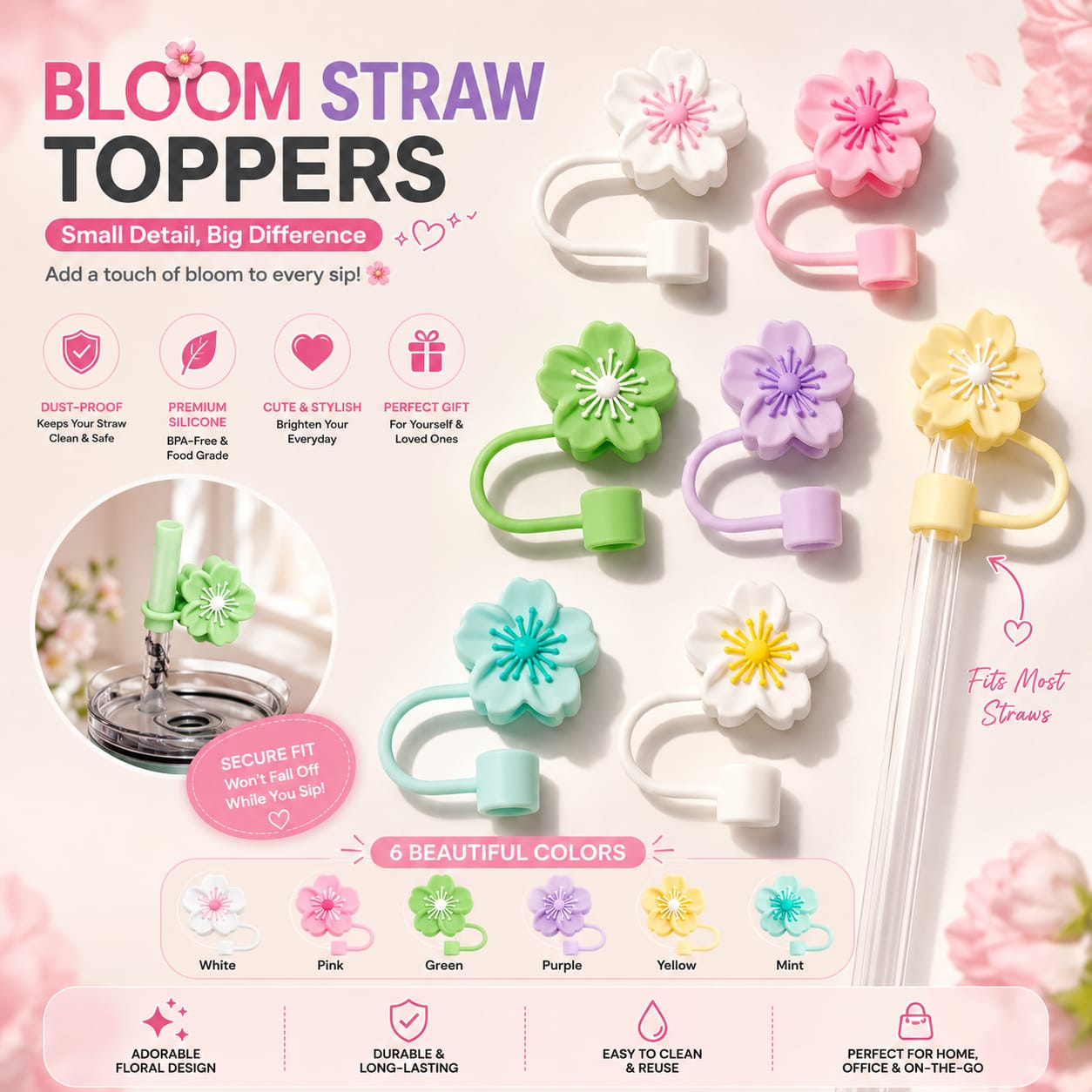 Silicone Flower Stopper Compatible with 40oz Tumbler | Reusable Spill-Resistant Straw Cover | Random Color