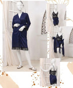 Women's Luxury Silk Nightwear Set with Black Lace – 3 Piece Robe & Slip Dress SKU R-011 Free Size