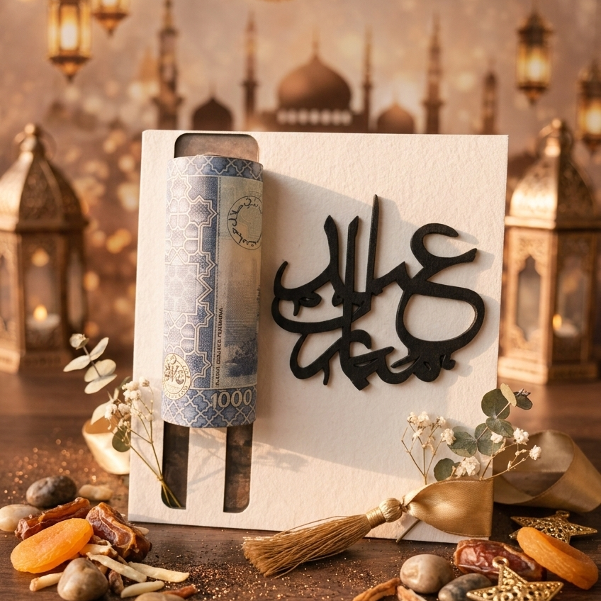 Premium Wooden & Acrylic Eidi Envelope – 4x4 Inch Reusable Eid Money Gift Card Holder with Elegant Festive Design