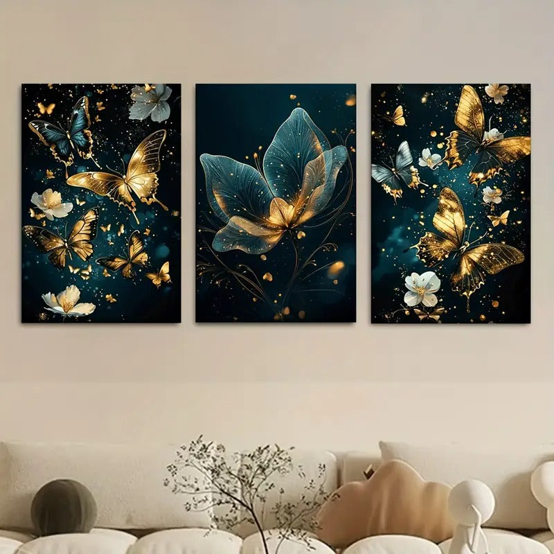 Butterfly Floral Wall Art – 3-Piece 8x11” Wooden Sticky Tile Panels with Adhesive Tape for Easy Mounting