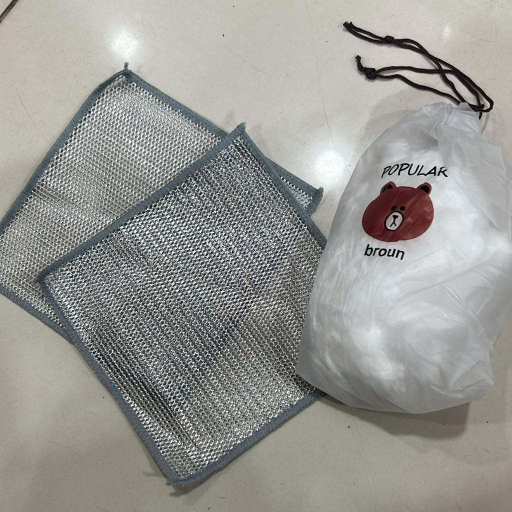 Combo Deal – 2 Pcs Metal Wire Cleaning Cloths with 1 Bear Design Food Cover Packet – Kitchen Cleaning & Food Protection Set