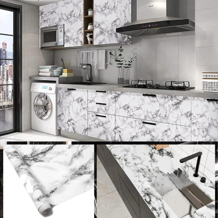 Self Adhesive White Marble Sheet Sticker For Kitchen, Cupboard, Wall – Anti Oil And Heat Resistant Wallpaper - 02 Meter