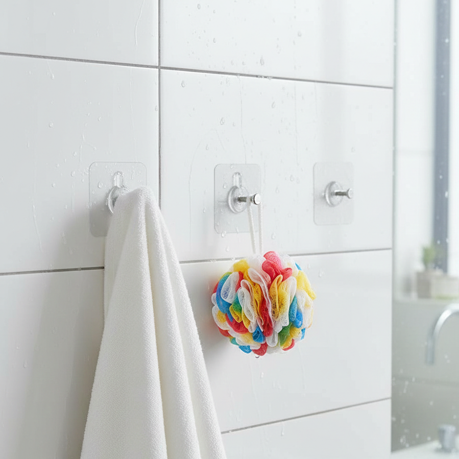 Wall Mounted Self Adhesive Transparent Screw Hooks (Pack of 10) | Strong No-Drill Hooks for Home & Bathroom Use