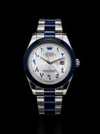 Premium Luxury Arabic Dial Watch | Elegant Stainless‑Steel Strap With Blue Accents & Date Display
