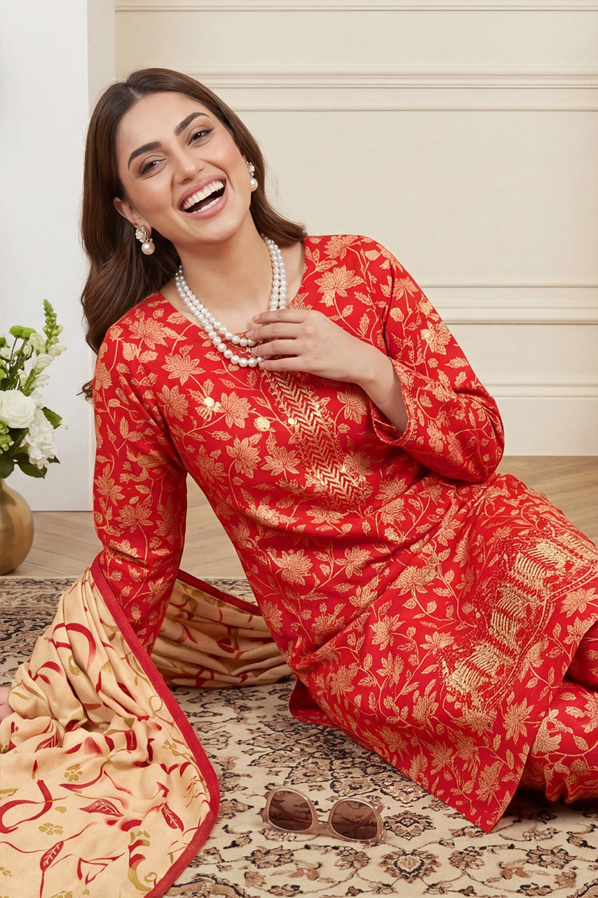 Aneela’s Premium Embroidered Lawn 3PC Unstitched Suit with Printed Dupatta