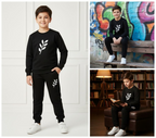 Kids Printed Stylish Black & Black Tracksuit Set | Winter Fleece Sweatshirt & Trouser Outfit for Boys & Girls – Warm & Trendy FOR BABU AND KIDS