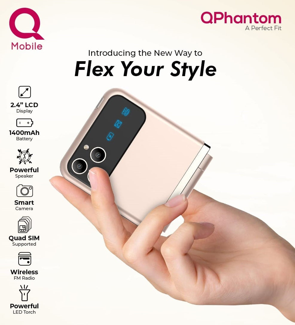 QMobile Phantom Fold 2.4 Inch Display prov PTA Aped Mobile With 1400mAh Battery 4 SIM Support And Type C Charger (Random Color)